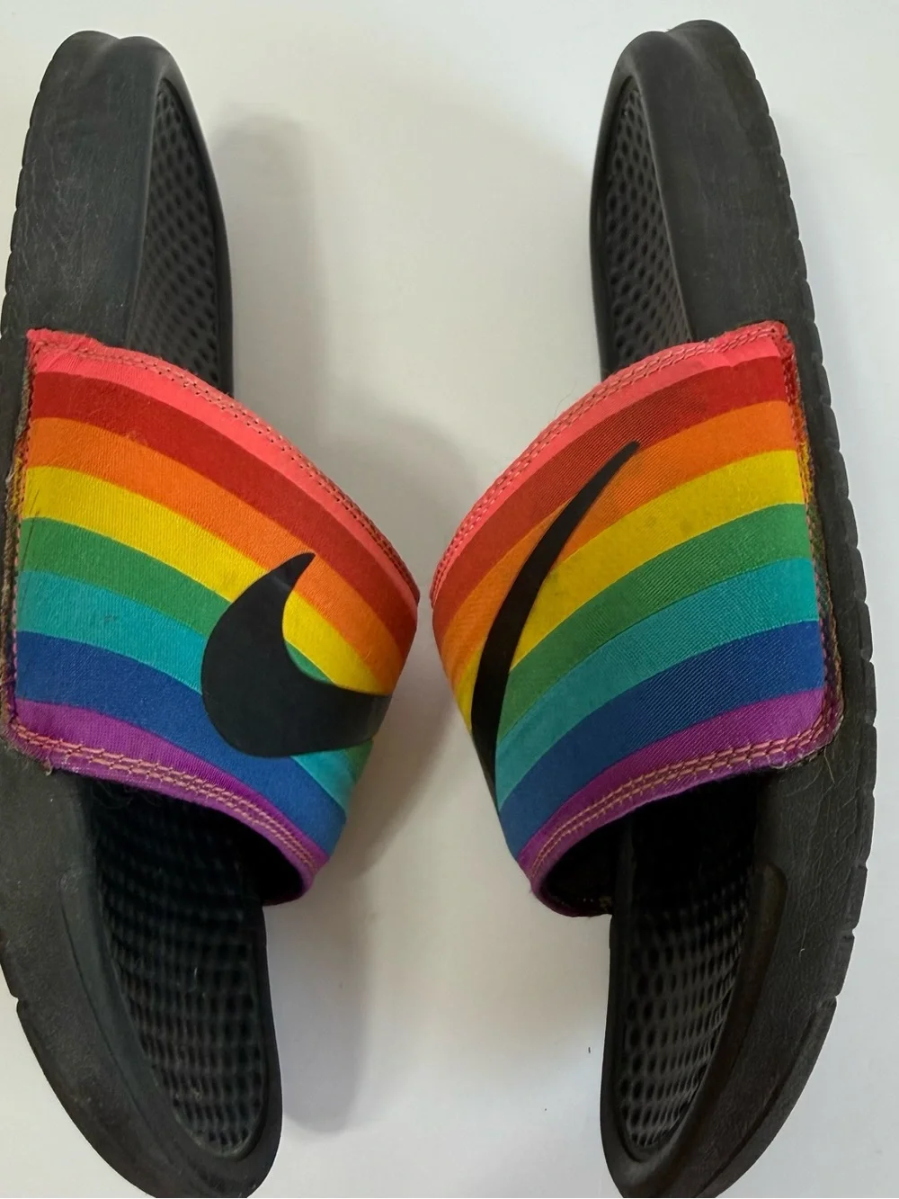 Nike Benassi JDI Be True Pride Rainbow Slides Gilbert Baker Edition